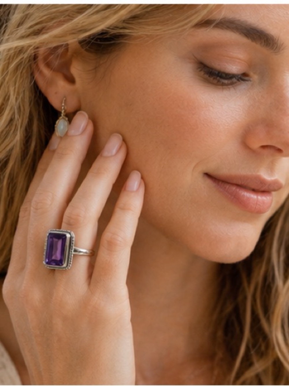 Amethyst Purple Silver Tone Statement Ring Size 8